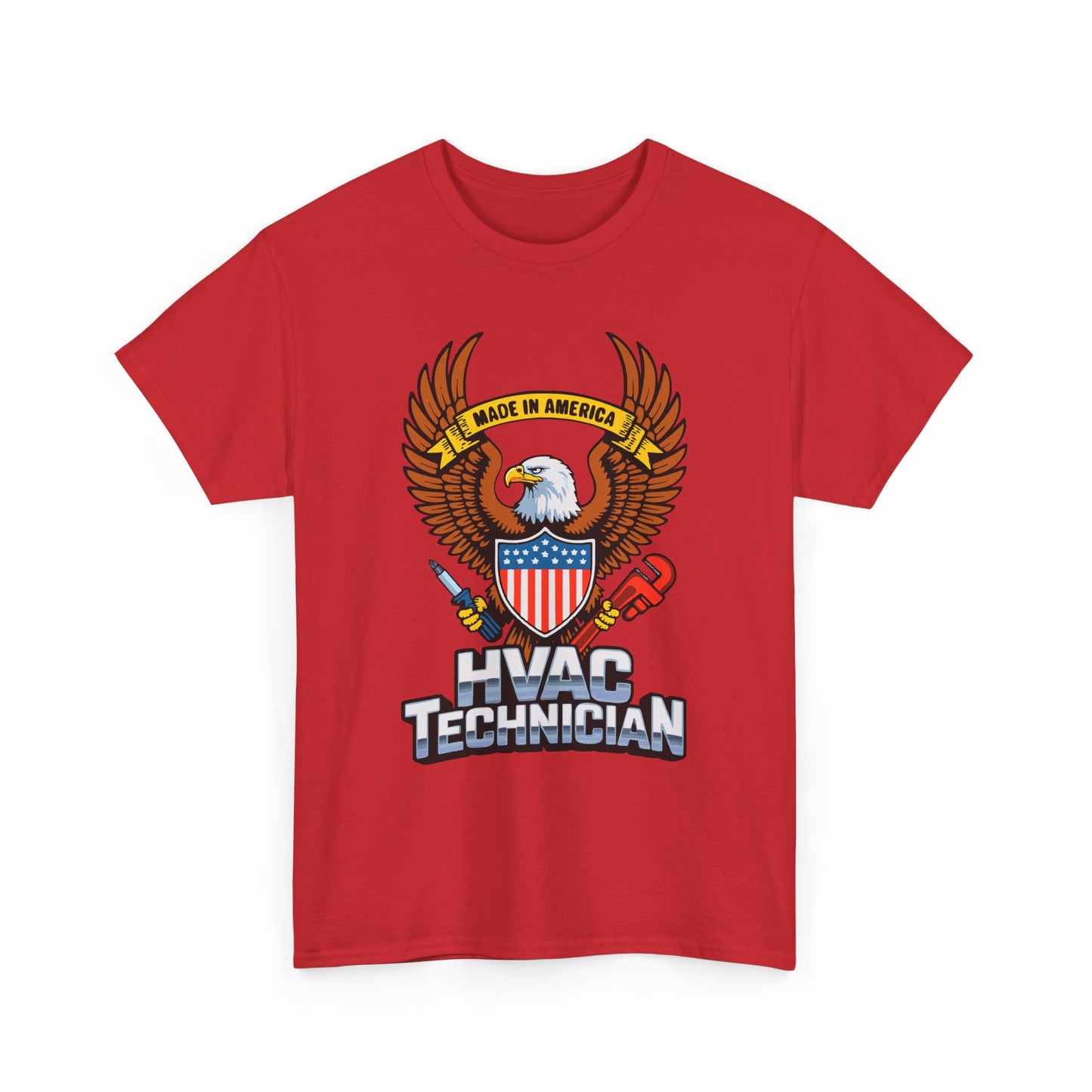Red t-shirt with HVAC Technician graphic featuring an eagle and American flag on a white background