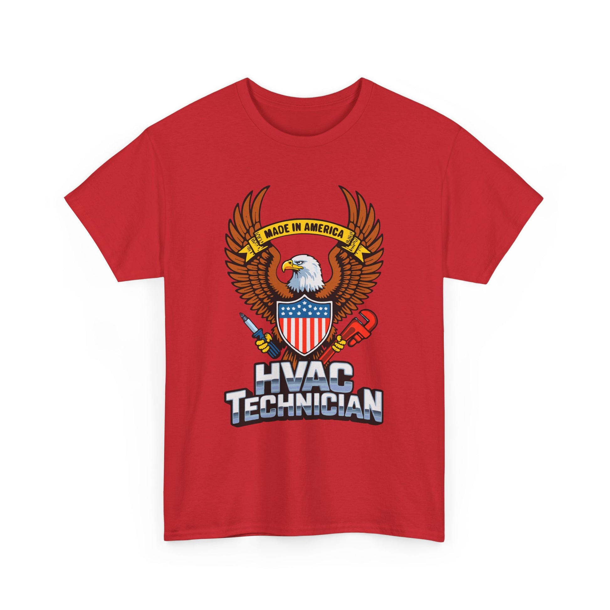 Red t-shirt with HVAC Technician graphic featuring an eagle and American flag on a white background
