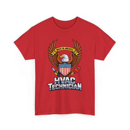 Red t-shirt with HVAC Technician graphic featuring an eagle and American flag on a white background