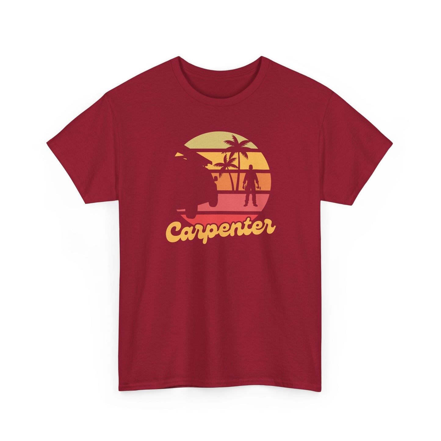 Red t-shirt with a graphic design and the word 'Carpenter' on a white background