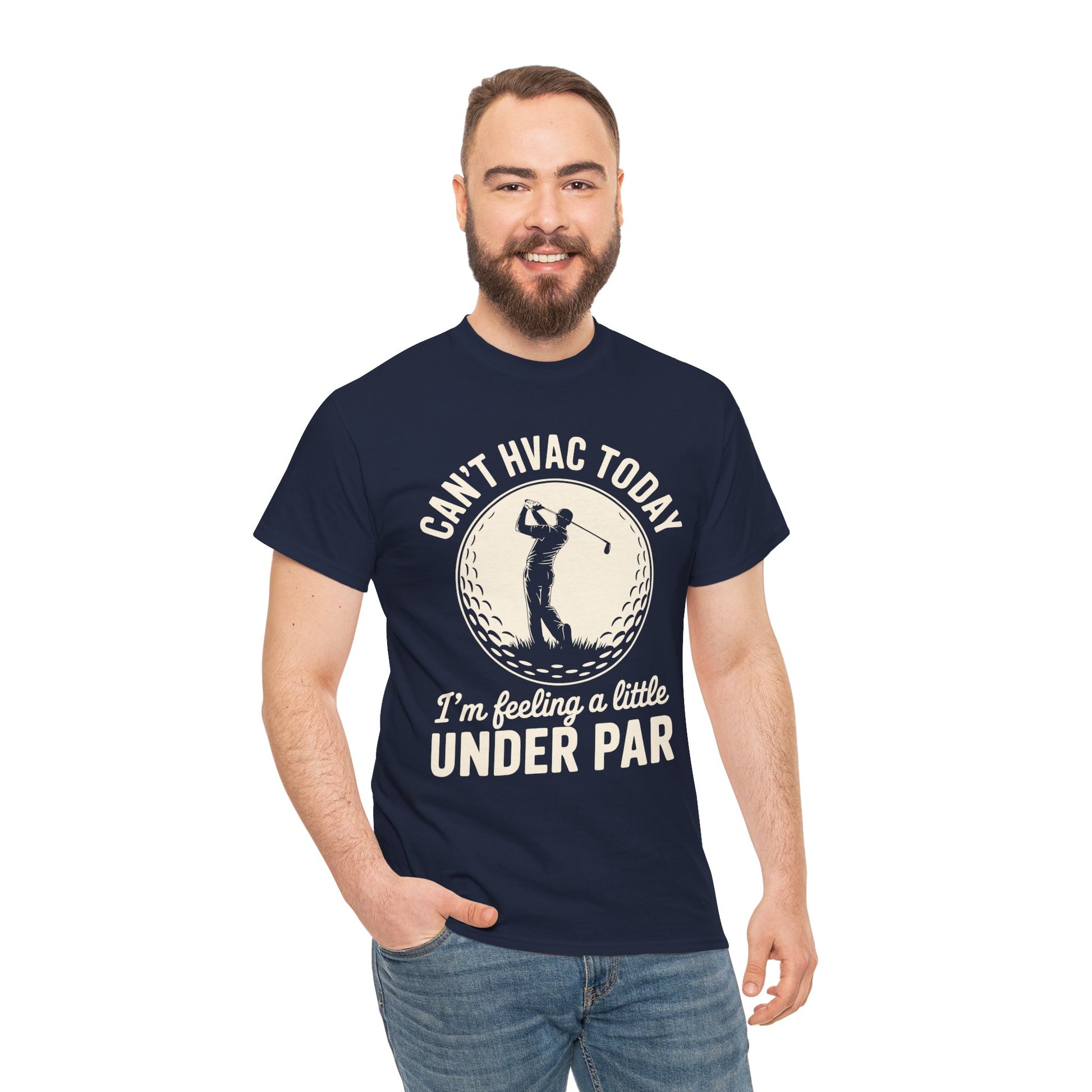 Man wearing a navy blue t-shirt with a humorous HVAC and golf-themed graphic and text.