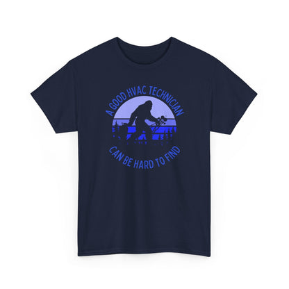 Navy blue t-shirt with HVAC technician graphic and text on a white background