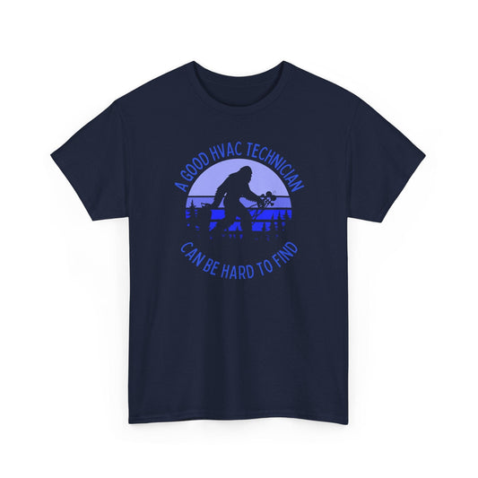 Navy blue t-shirt with HVAC technician graphic and text on a white background