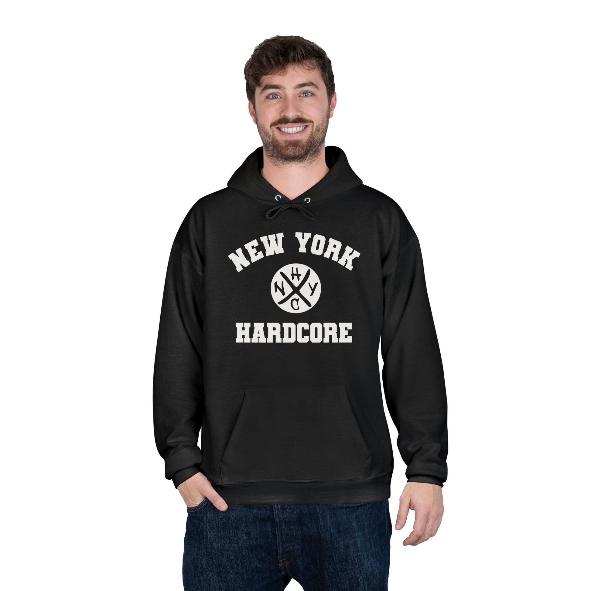 Man wearing a black hoodie with 'New York Hardcore' text on a white background