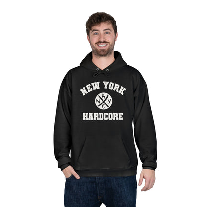 Man wearing a black hoodie with 'New York Hardcore' text on a white background