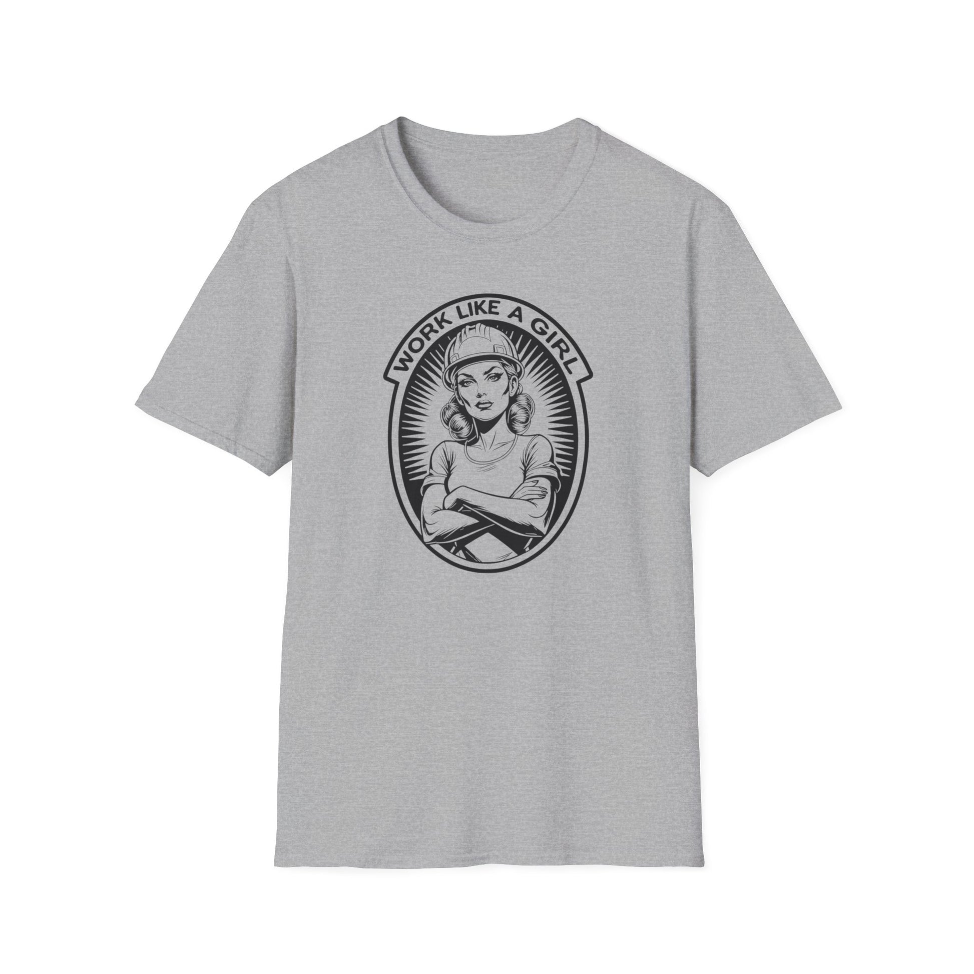 Gray t-shirt with graphic design and text 'Work Like a Girl' on a white background