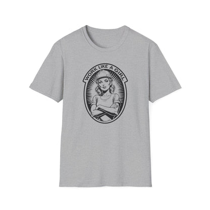 Gray t-shirt with graphic design and text 'Work Like a Girl' on a white background