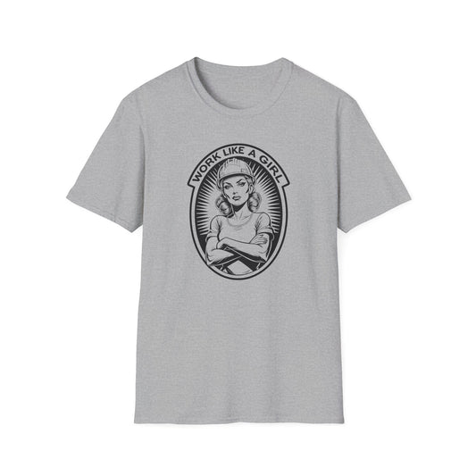 Gray t-shirt with graphic design and text 'Work Like a Girl' on a white background