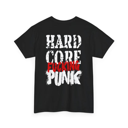 Black t-shirt with 'Hard Core F*cking Punk' text on a white background