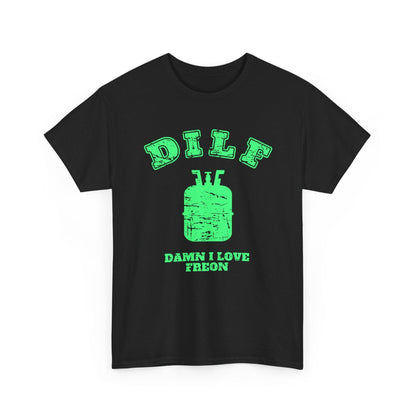 Black t-shirt with green text and graphic on a white background