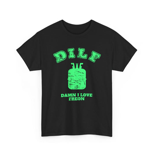 Black t-shirt with green text and graphic on a white background