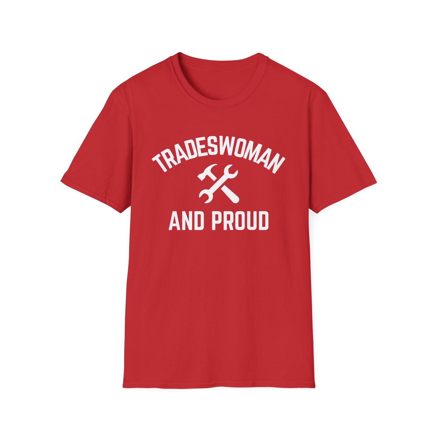 Red t-shirt with 'Tradeswoman and Proud' text and graphic on a white background