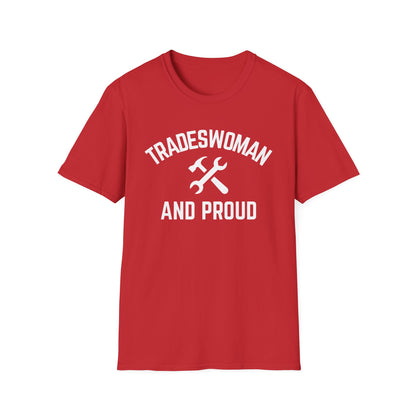 Red t-shirt with 'Tradeswoman and Proud' text and graphic on a white background