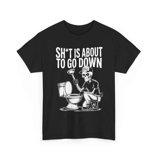 Black t-shirt with skeleton graphic and text 'Sh*t is about to go down' on a white background