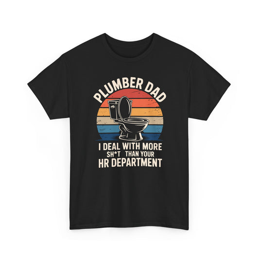 Black t-shirt with 'Plumber Dad' graphic and text on a white background