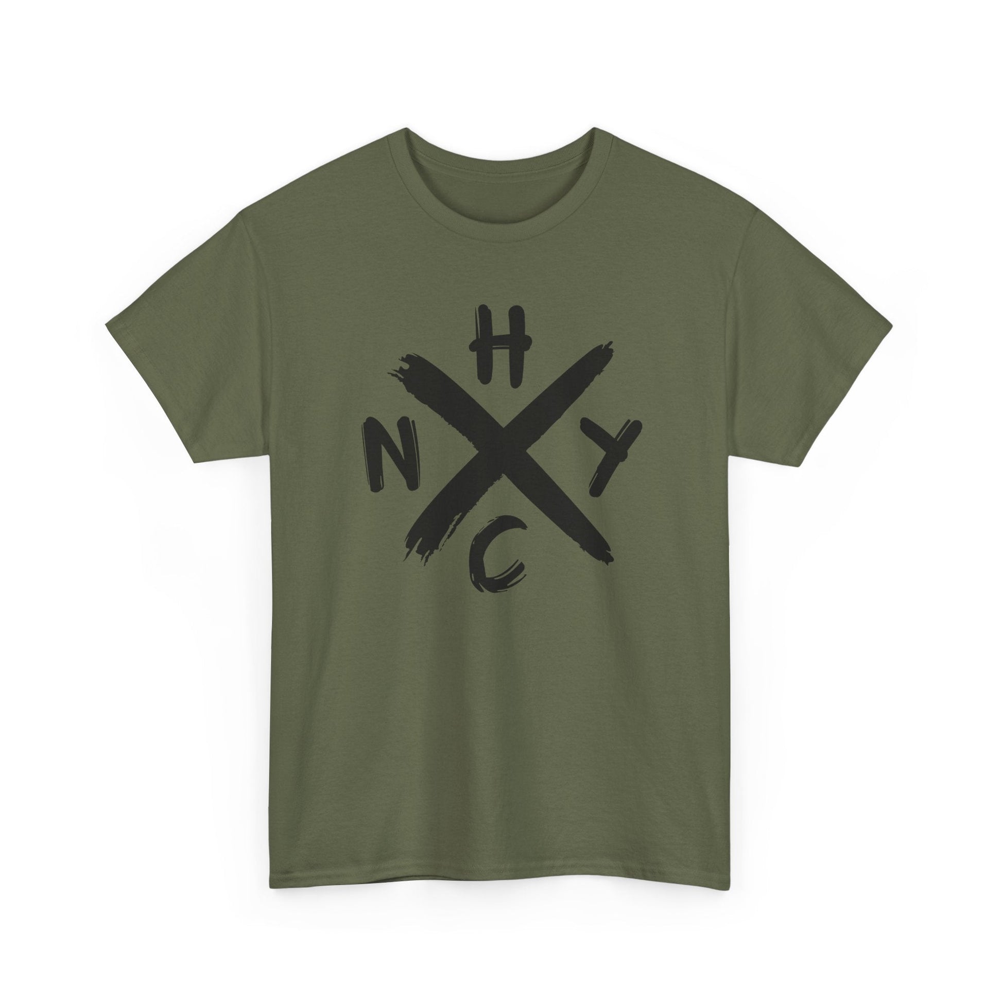 Green t-shirt with black 'NYC' logo on a white background