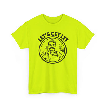 Bright yellow t-shirt with graphic design and text 'LET'S GET LIT' 