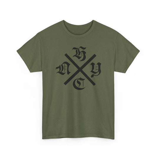 Green t-shirt with black logo on a white background