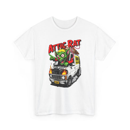 White t-shirt with a graphic design of a van and 'Attic Rat' text on a white background
