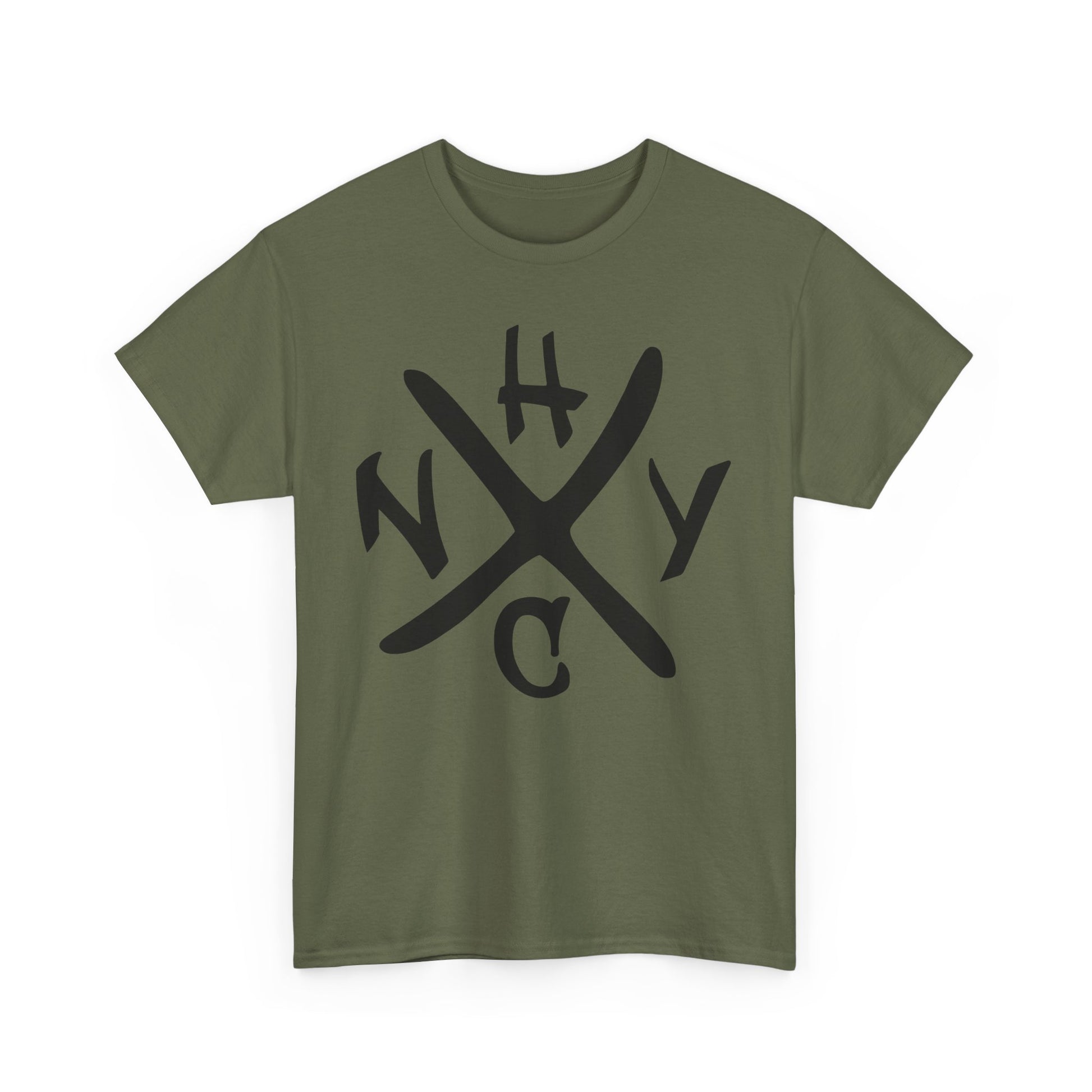 Green t-shirt with black 'NYHC' design on a white background