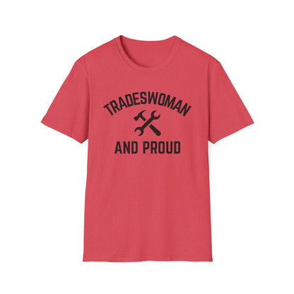 Red t-shirt with 'Tradeswoman and Proud' text and hammer-wrench graphic on a white background