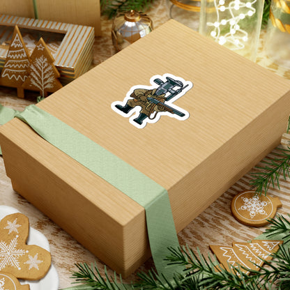 Gift box with a sticker of a Cartoon TXV Valve in hunting gear on a white background