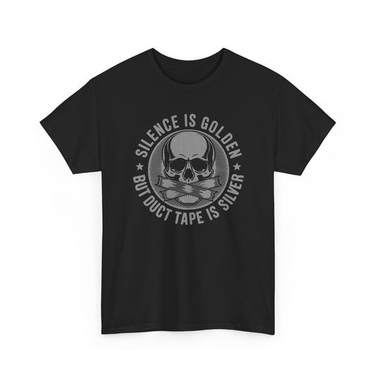 Black t-shirt with silence is Golden - duct tape  skull design and text on a white background