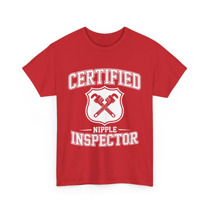 Red t-shirt with white graphic and text 'Certified Nipple Inspector' on a white background
