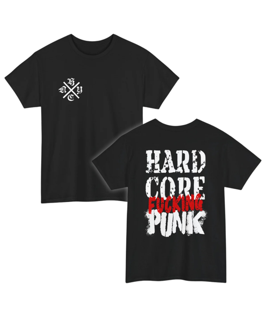 Black t-shirt with NYHC symbol on front and 'Hard Core Fucking Punk' text on back on a white background